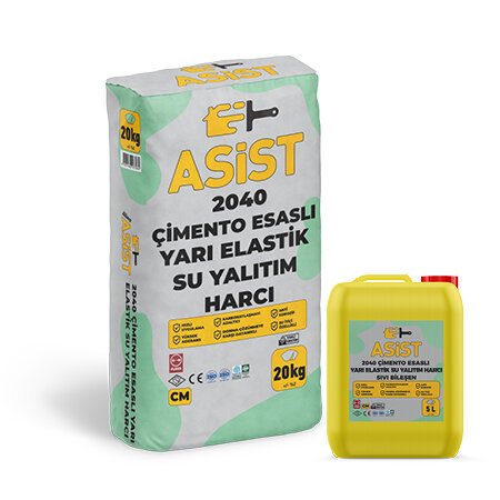 Asist 2040 Çimento Esaslı Yarı Elastik Su Yalıtım Harcı Sıvı Bileşen 5 Lt